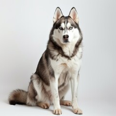 A husky dog, its sharp eyes and thick fur coat creating a striking contrast against the pure white background.