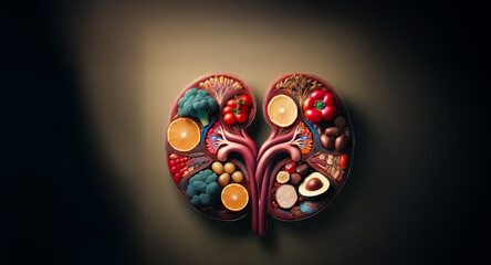 Kidney-shaped arrangement of vibrant fruits, vegetables, and healthy food items on a dark background, symbolizing nutritious diet and organ health.