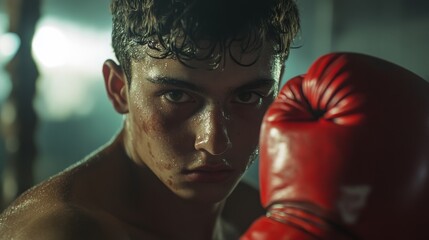 Intense Portrait of a Young Male Boxer with Sweat and Red Gloves in Action During Training