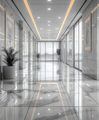 Fototapeta premium Modern hallway with polished marble floors and elegant decor, featuring natural light and greenery, ideal for showcasing luxury interiors or commercial spaces.
