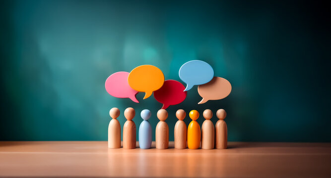 Wooden figures stand together with colorful speech bubbles above their heads, representing communication, collaboration, and sharing ideas within a group.