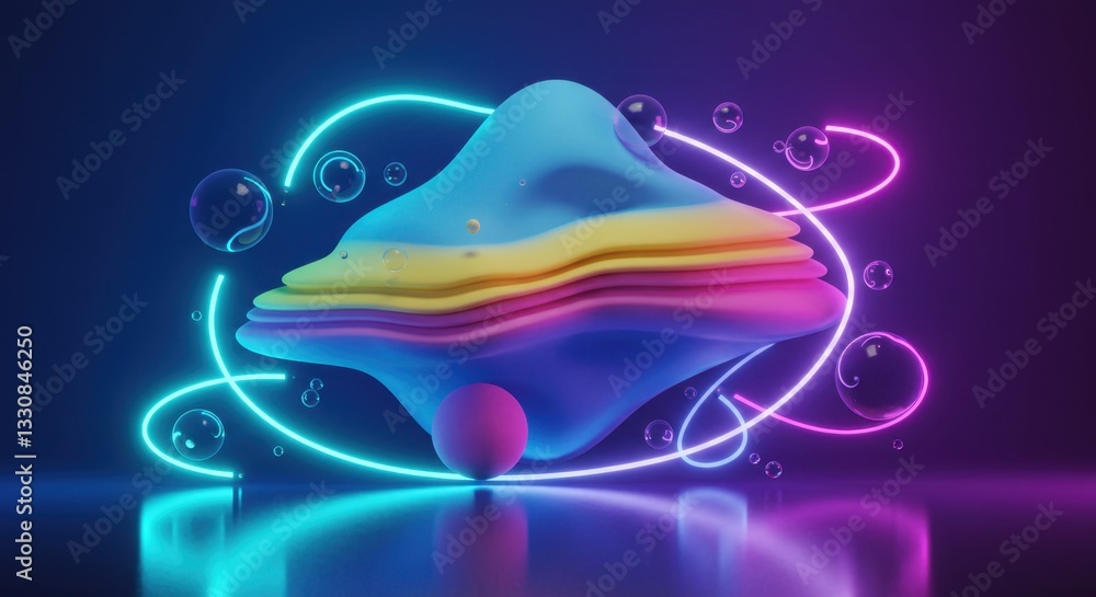 Poster abstract 3d render: neon lights and colorful layered forms