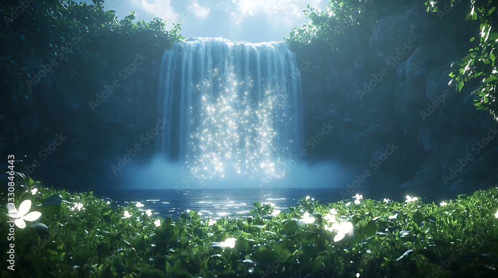 Poster lush waterfall cascading into a serene pool surrounded by vibrant greenery and delicate flowers.
