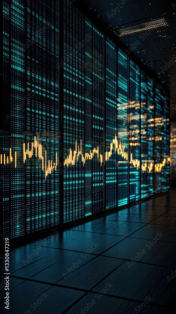 Poster an informative wall of data displaying complex information graphics and statistics in a modern offic