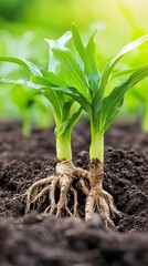 Close Up of Two Green Seedlings Growing in Dark Soil