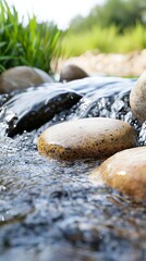 Close Up Of Water Flowing Over Smooth River Rocks
