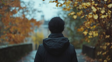 Fototapeta premium Person in Black Coat Walking on Pathway Surrounded by Autumn Leaves in a Tranquil Setting