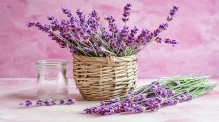 Fresh Lavender Blooms in Woven Basket with Glass Jar and Pink Background