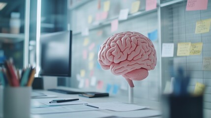 Pink Brain Model on a Modern Desk Surrounded by Colorful Sticky Notes and a Computer Monitor