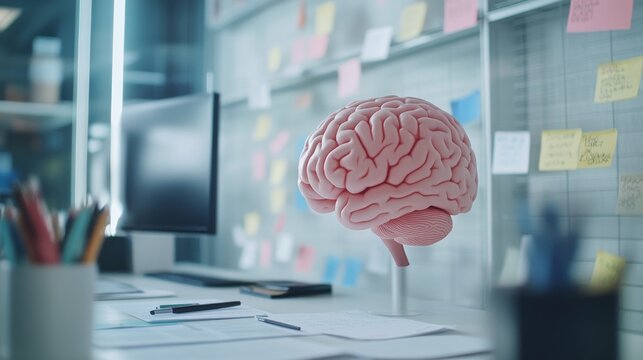 Pink Brain Model on a Modern Desk Surrounded by Colorful Sticky Notes and a Computer Monitor