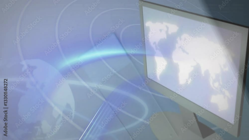 Aufkleber displaying animation, world map on computer monitor with digital wave patterns