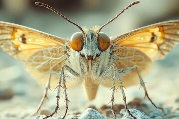 Obraz premium Close-up of a vibrant butterfly perched on a surface, showcasing intricate wing patterns and large eyes, perfect for nature and wildlife themes.