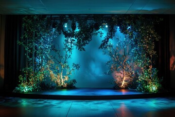 A theatrical stage decorated with forest greenery and stage lighting