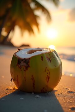 Exotic Freshness: A Coconut on a Tropical Beach at Golden Sunset Hour