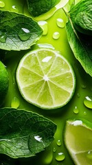Closeup of a Lime Slice with Green Leaves and Water Droplets