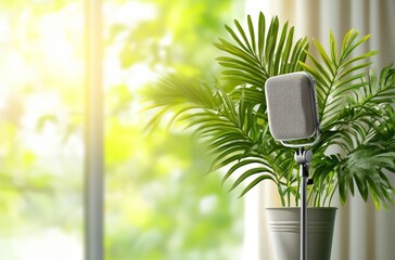 Closeup of a Microphone and Green Plant in a Bright Room