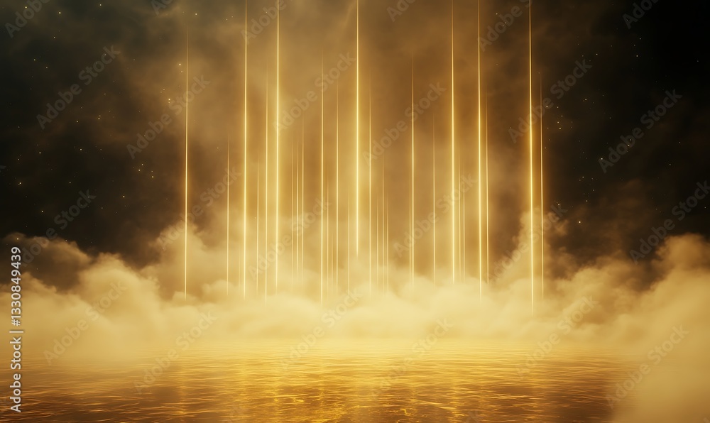 Poster Golden beams of light pierce through fog, creating a mystical, ethereal atmosphere over a reflective surface.