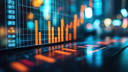 Laptop displaying a brightly lit chart in a modern office environment representing data analysis