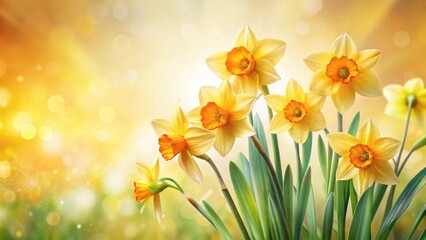Obraz premium A radiant cluster of springtime daffodils basks in the warm glow of a sun-drenched meadow, their vibrant yellow petals and orange centers creating a breathtaking display of natural beauty.
