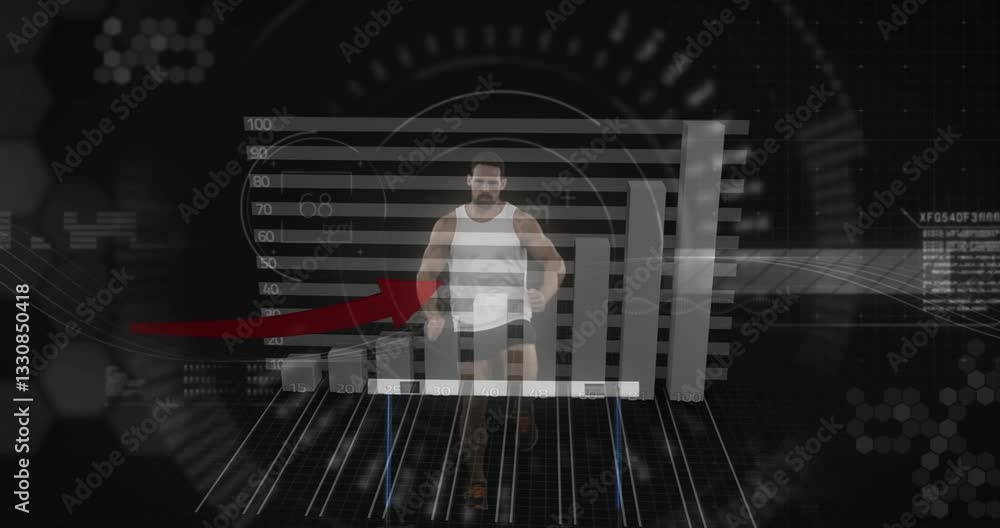 Poster athlete performing over bar graph with upward red arrow animation