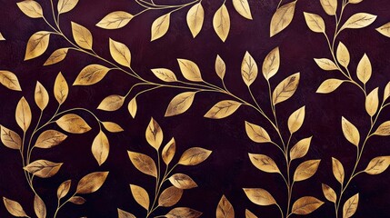 Elegant gold leaf patterns on a dark aubergine background for a sophisticated feel.