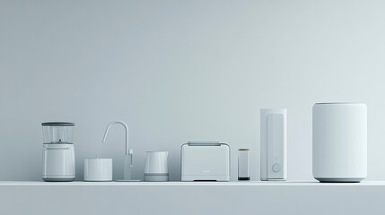 Minimalist kitchen appliance display on a white shelf against a white wall.  Includes blender, faucet, water filter, toaster, and other small appliances.