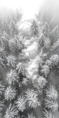 Majestic winter landscape featuring a snow-covered forest with a gentle snowfall, evoking tranquility and the beauty of nature.