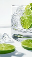 Closeup of Sparkling Water with Lime Slices and Ice in Glass