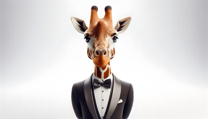 Sophisticated Giraffe in Tuxedo: A Humorous and Surreal Portrait