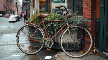 Rusty bike parked on city street