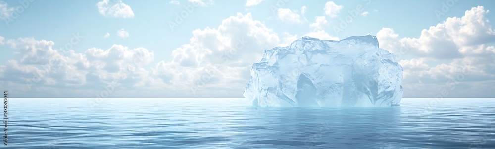 Poster a large iceberg floating in calm waters under a clear blue sky with soft clouds.