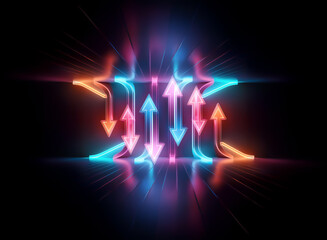 Abstract glowing neon lights form a geometric shape with arrows pointing up and down.  Vibrant blue, pink, and orange hues illuminate against a dark backdrop creating a modern digital art piece.