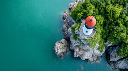 Coastal Lighthouse on a Rocky Cliffside, Aerial View