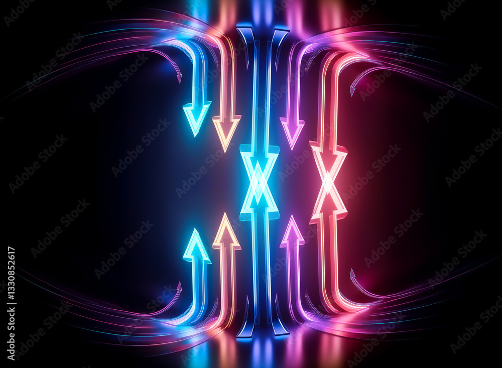 Poster abstract digital art featuring converging glowing arrows in vibrant blue and red hues on a dark back