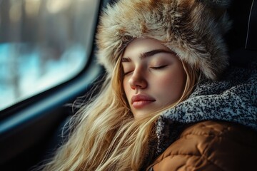 Beautiful blonde woman with closed eyes and long hair, wearing a winter jacket, sleeping on the car seat. A portrait of a beautiful young female passenger relaxing while traveling by train.