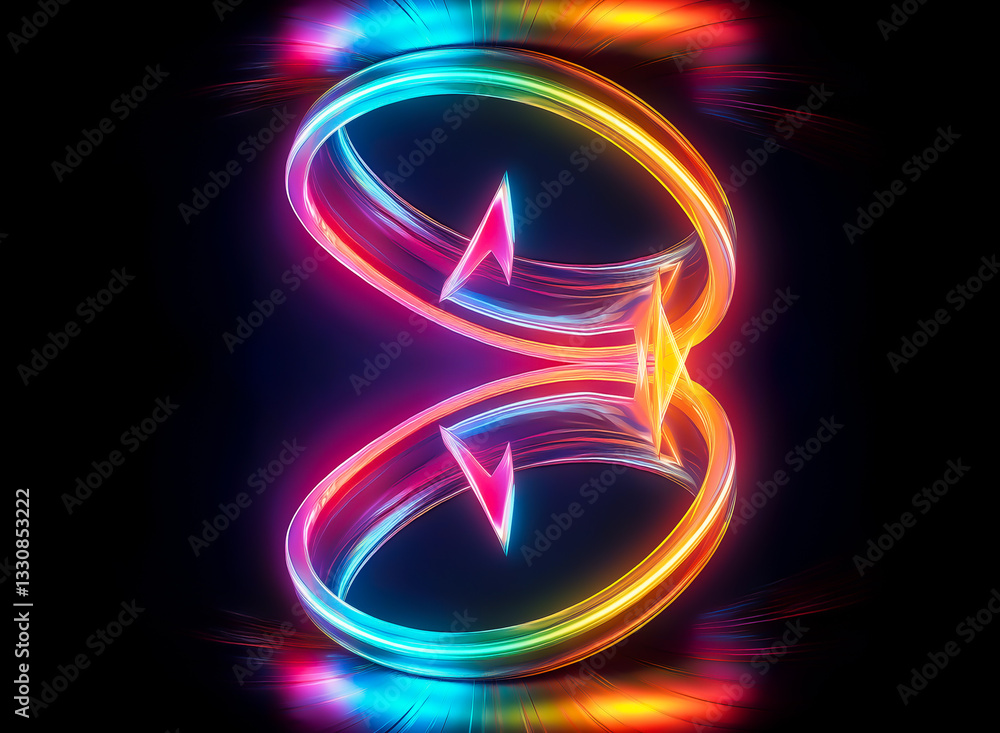 Poster vibrant neon abstract shape featuring glowing rings and arrows. rainbow colors illuminate against a 