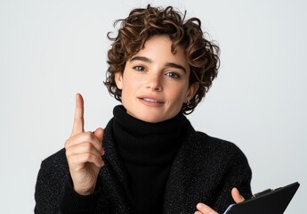 Confident Woman with Curly Hair Pointing an Idea in Studio