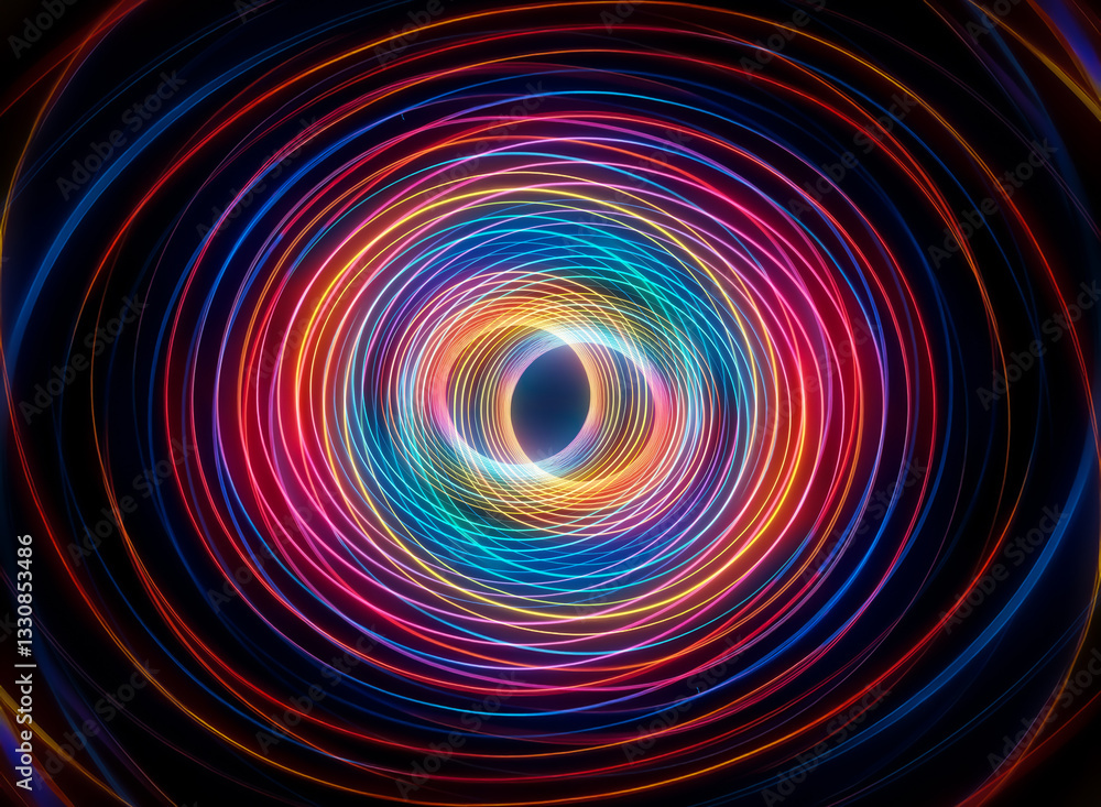 Poster vibrant swirl of light and color creates a mesmerizing circular abstract pattern on a dark backdrop,