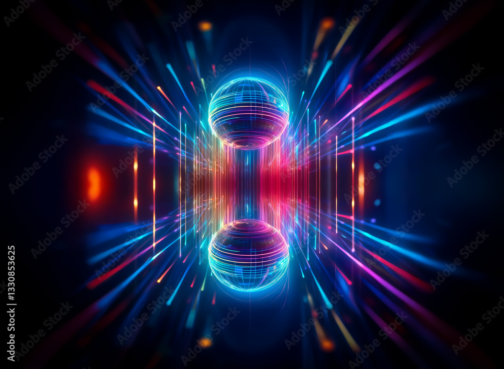 Poster vibrant abstract image featuring two luminous spheres at the center. colorful lines radiate outward 