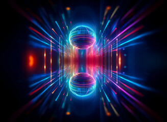 Fototapeta premium Vibrant abstract image featuring two luminous spheres at the center. Colorful lines radiate outward creating a dynamic and futuristic visual on a dark backdrop.