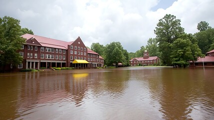 Obraz premium Flooded buildings surrounded by trees under cloudy sky reflecting in calm water on a summer day