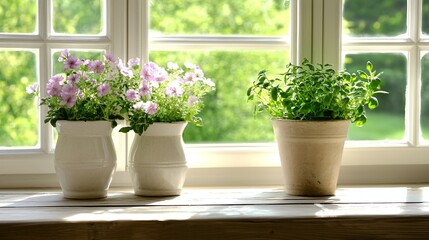 Fototapeta premium Beautiful Pink Flowers Potted Plants Sunny Windowsill herb home life life green decor