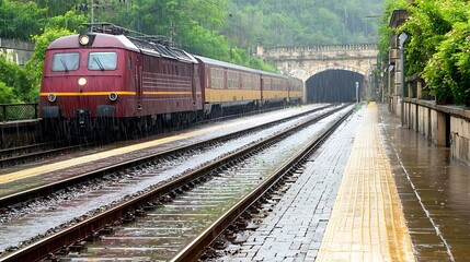 Fototapeta premium Vintage Train Approaches Tunnel Amidst Heavy Rainfall on Abandoned Station with Lush Greenery Surrounding