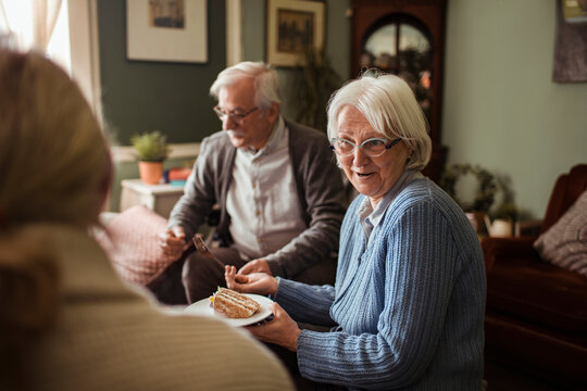 Happy senior friends spending time together with dog at home