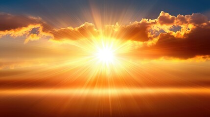 Fototapeta premium Majestic Sunrise Over Cloudy Horizon with Radiant Sunbeams Filling the Sky and Landscape