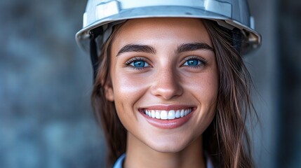Portrait of Confident Construction Worker: A close-up portrait of a beautiful female construction worker wearing a hard hat, radiating confidence with a warm, genuine smile.