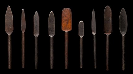 Civil War Heritage Concepts. Collection of assorted rusty garden tools on a dark background.