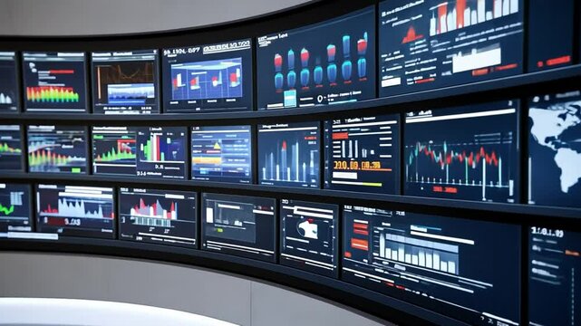Information Overload: A panoramic view of multiple monitors displaying an array of real-time data, charts, and graphs, highlighting the complexity of modern information processing and analysis. 