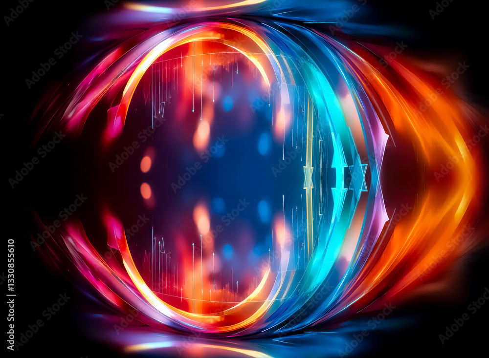Poster abstract digital artwork features a sphere with dynamic blue and orange light trails on a dark backd