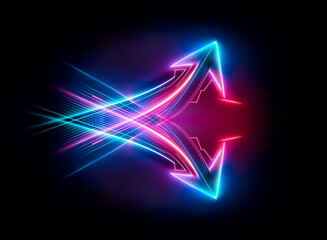 Vibrant neon arrows, one blue and one red, streak in opposite directions against a stark black background, creating a sense of motion and dynamic energy.
